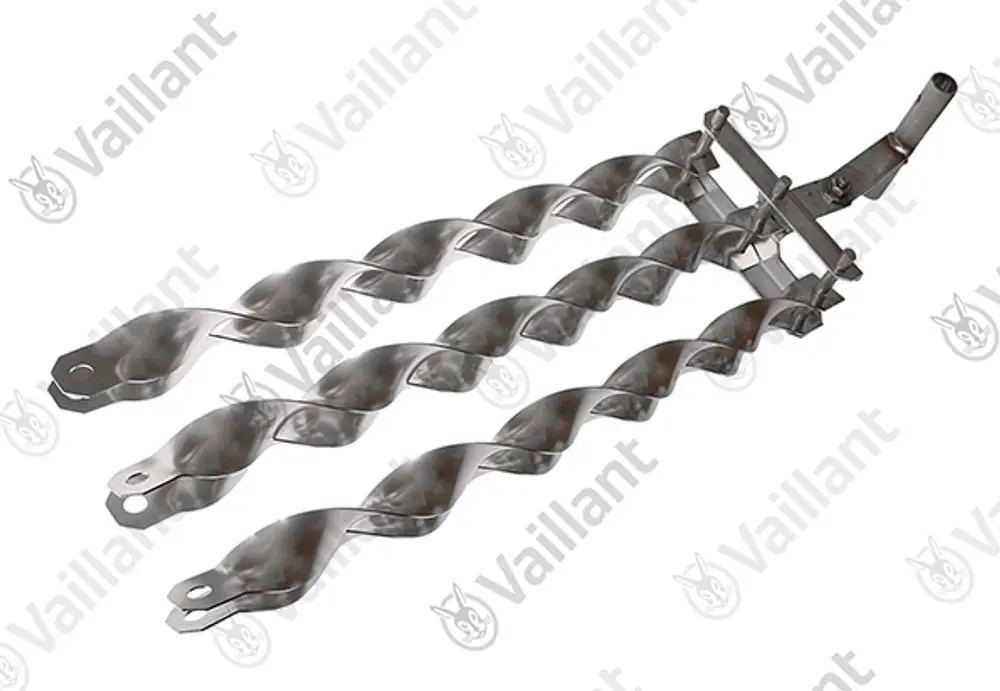 Edelstahl-Turbulator von Vaillant mit geschwungenen Spiralen zur Verbesserung des Wärmeübergangs. Übersichtliche Anordnung, geeignet für spezifische Heizsysteme.